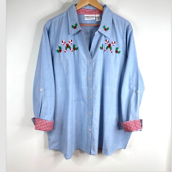 VTG Embroidered Christmas Denim Button Down 2X Candy Cane Gingham Holiday 90s - Picture 1 of 10